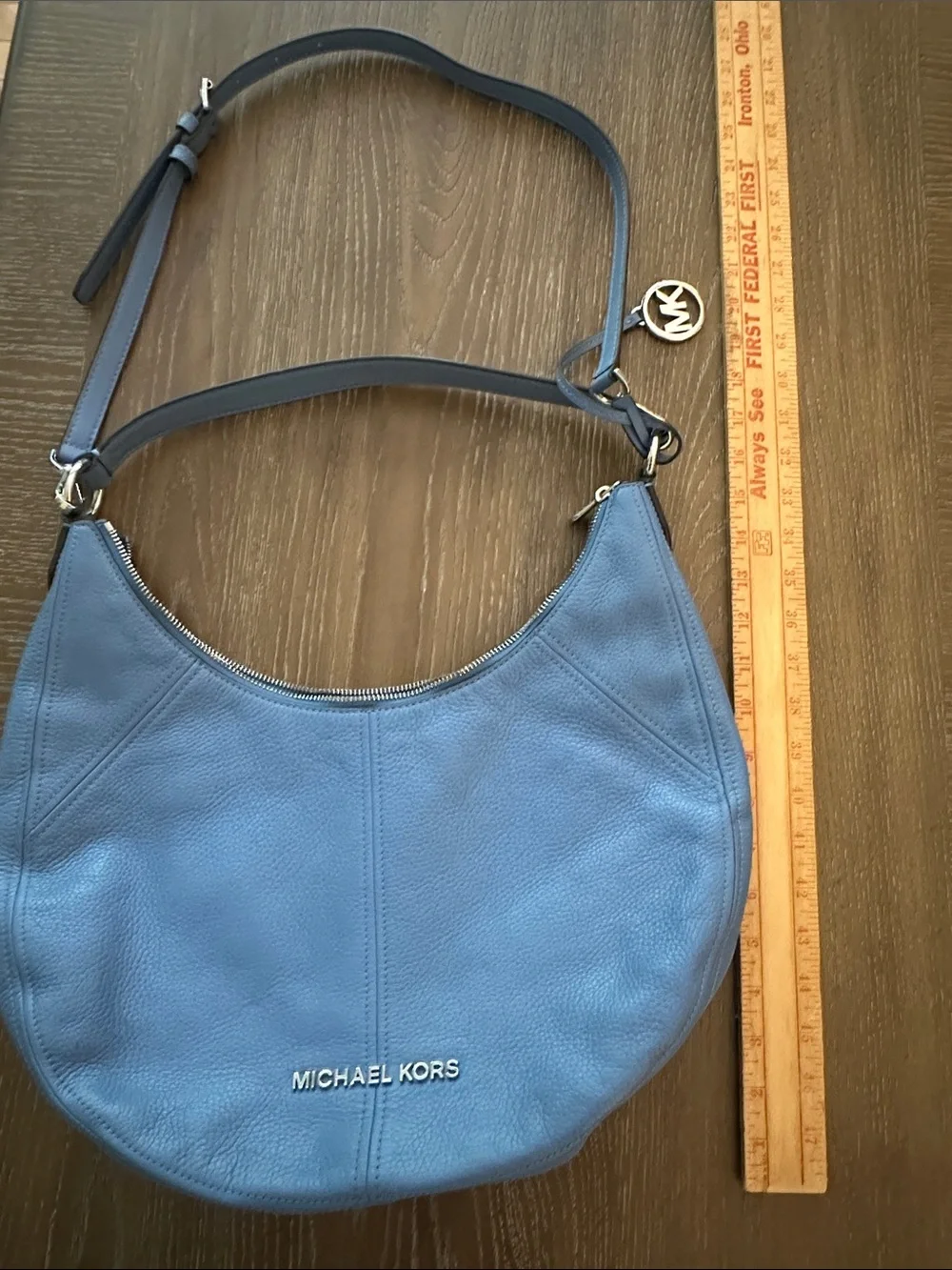Michael Kors Slate Blue Pebbled Leather Hobo with Silver Logo Charm